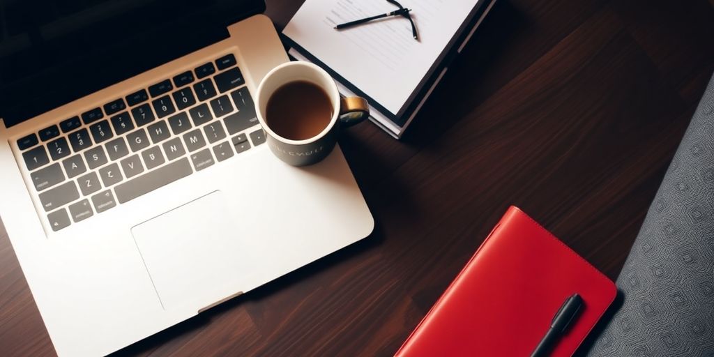 Cozy workspace with laptop and coffee cup.