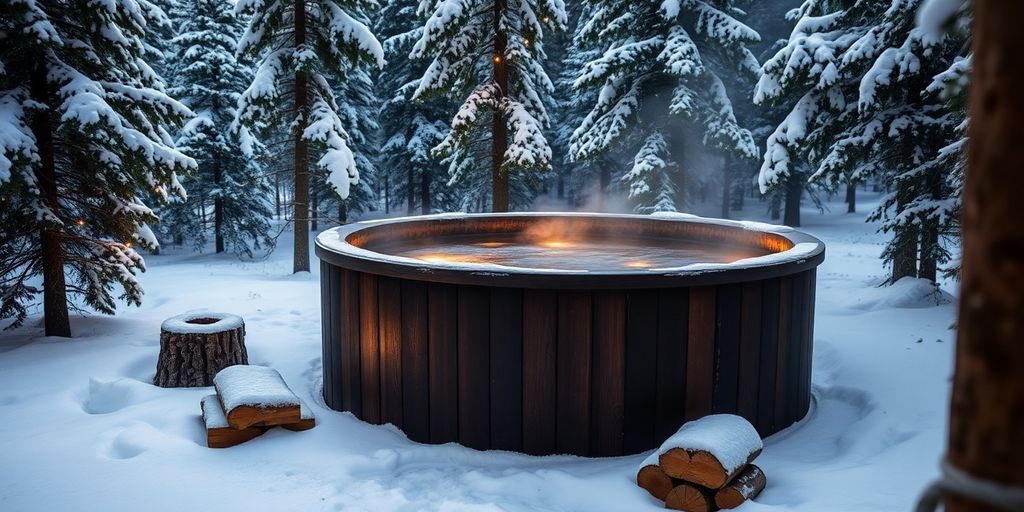 Cozy wood-fired hot tub in a snowy forest.