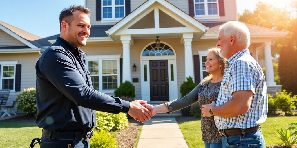 Home renovation project with happy homeowners and contractor.