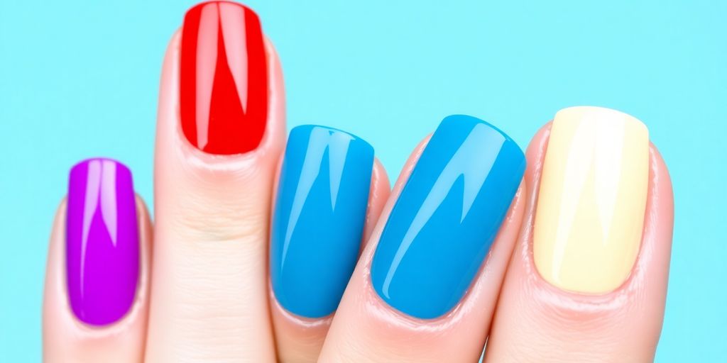 Colorful gel nails on a neutral background.