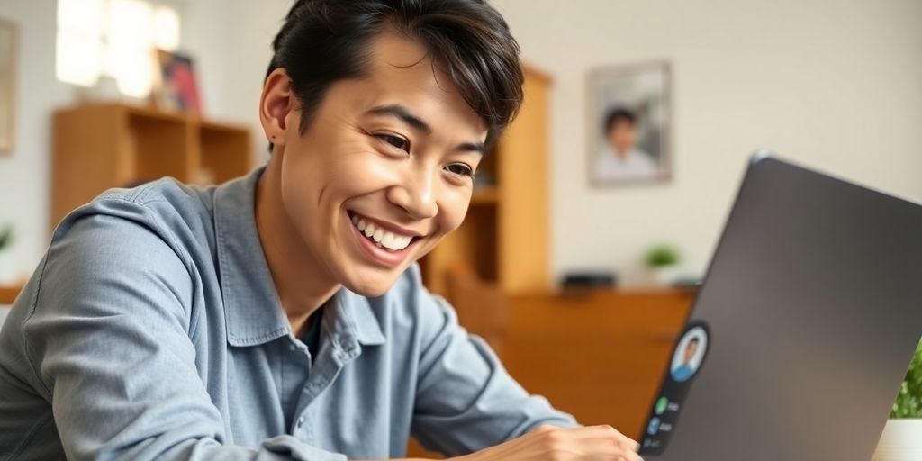 A person tutoring online on a laptop.