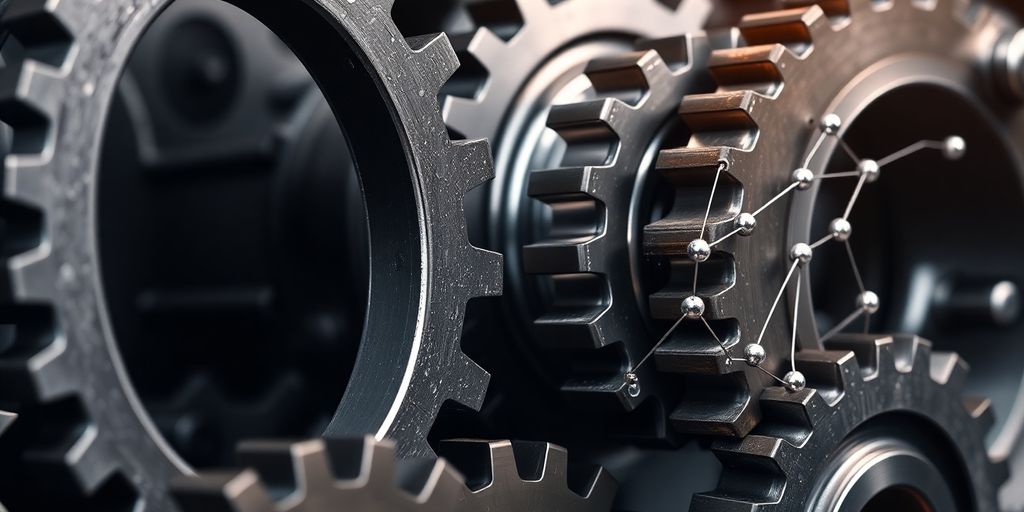 Interconnected gears and blockchain nodes in a manufacturing setting.