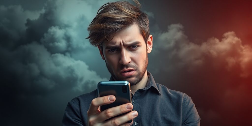 Person inquiet avec un téléphone, ambiance chaotique et sombre.