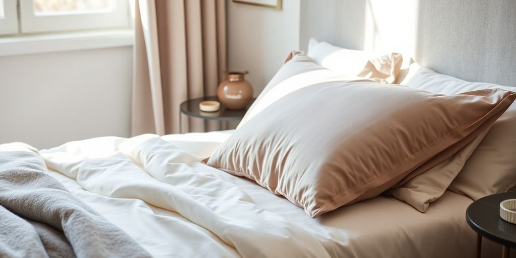 Luxurious bedroom, soft fabrics.
