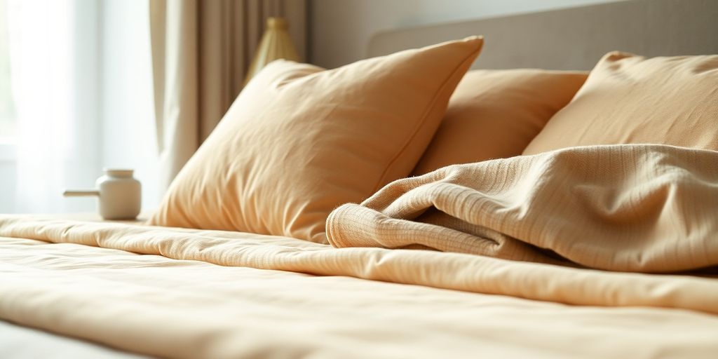 Cozy bedroom with soft lighting, inviting bed.