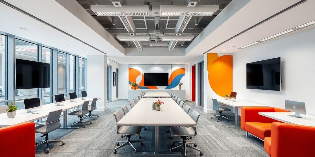 Moderní firemní interiér s barevnými prvky