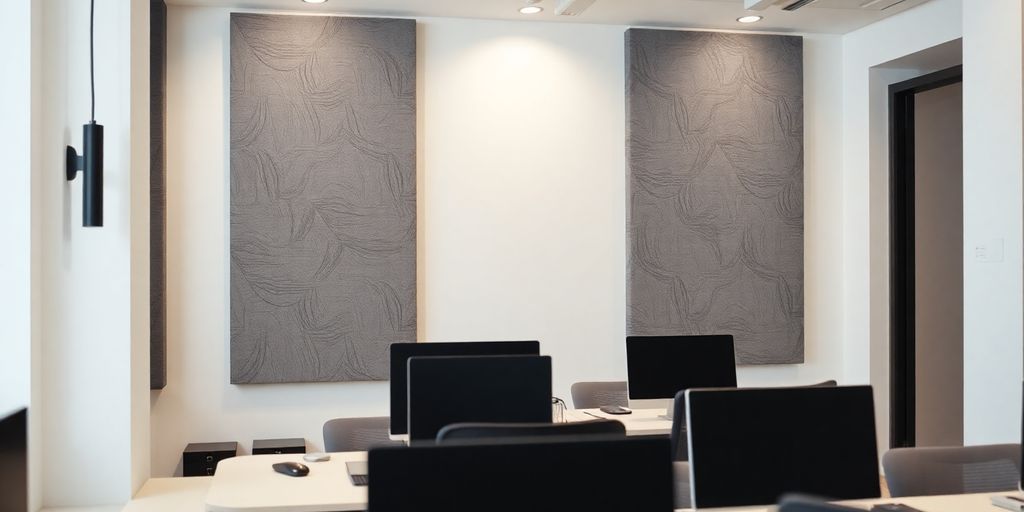 Rustige kantooromgeving met akoestische panelen aan de muren.