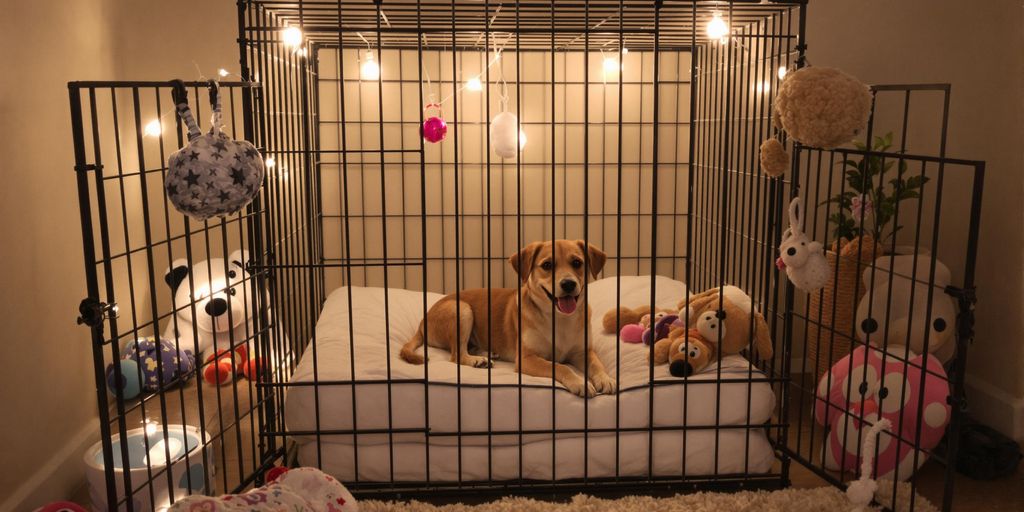 Puppy resting comfortably inside a cozy crate.