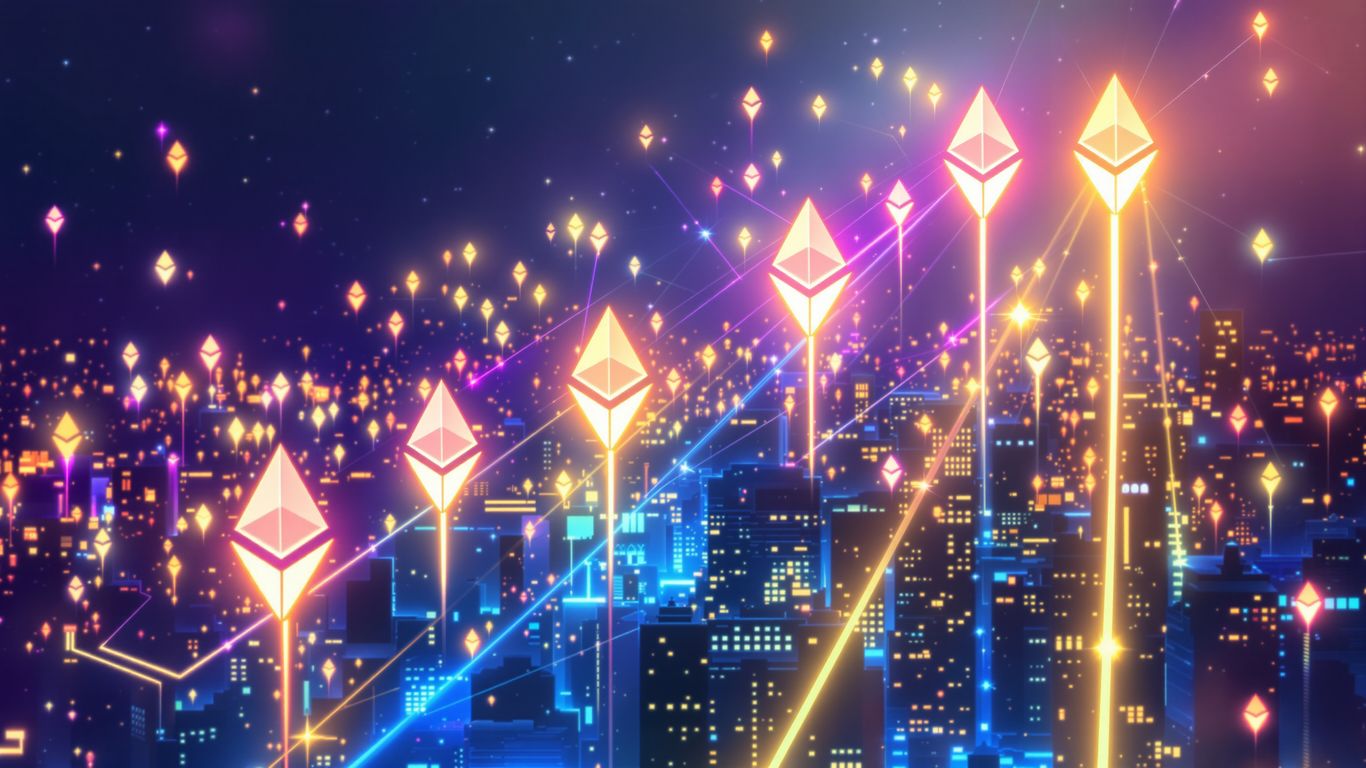 Ethereum logos ascending in a digital network.