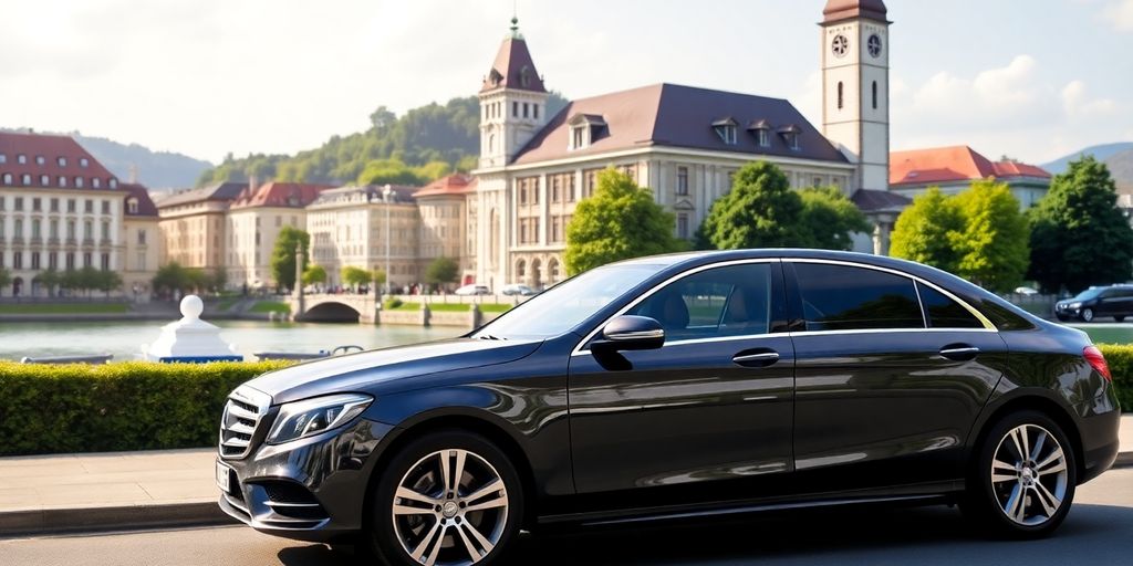 Chauffeur car near Zurich's scenic lake and architecture.