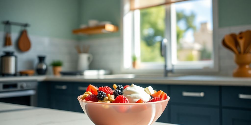 Healthy breakfast bowl with berries and nuts.