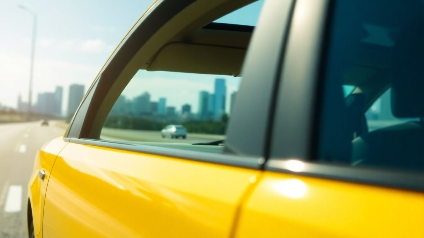 Yellow taxi cab on a highway near a city.