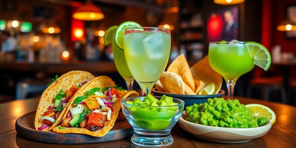 Table of tacos, guacamole, and margaritas
