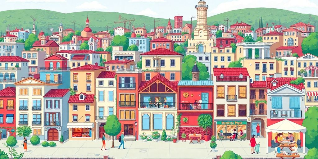 Vue d'une ville avec des logements Airbnb attractifs.