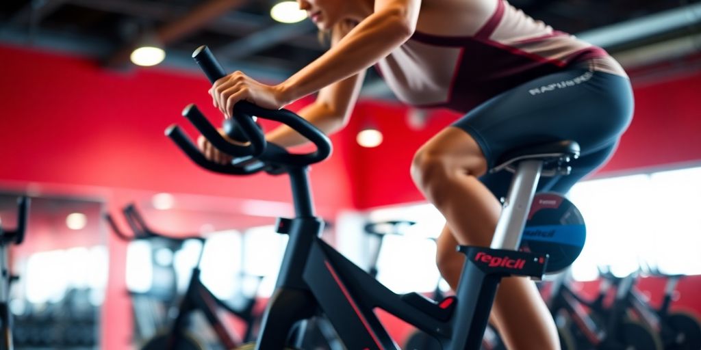 Fit person cycling intensely on a spin bike.