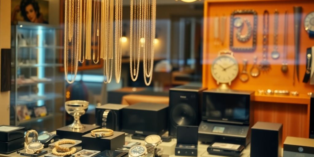 Vitrine d'un prêteur sur gage avec des objets de valeur.