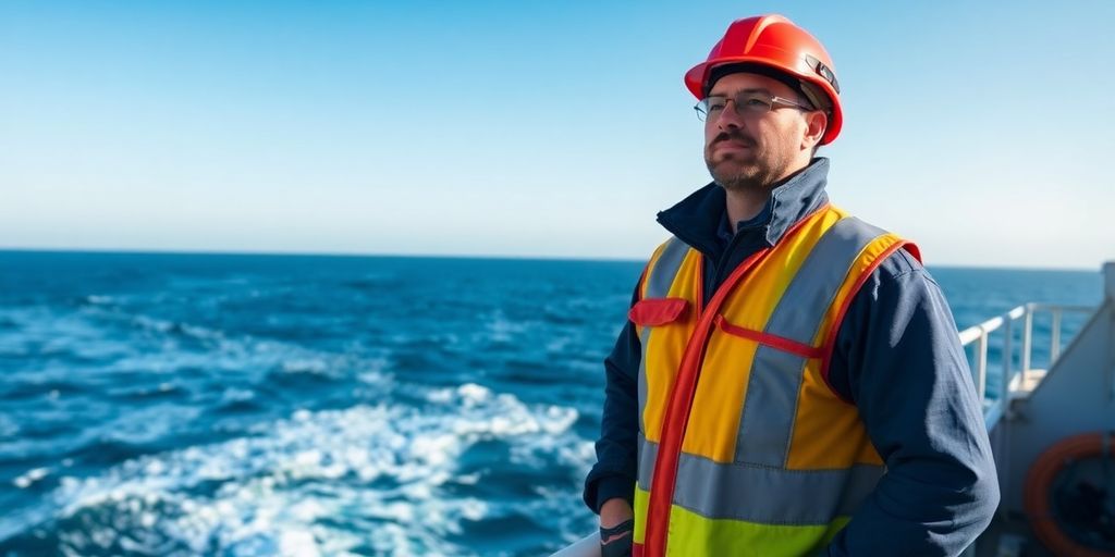 Maritime worker on a ship deck in safety gear.