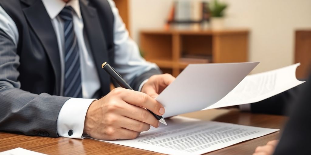 Lawyer consulting with client in an office setting.