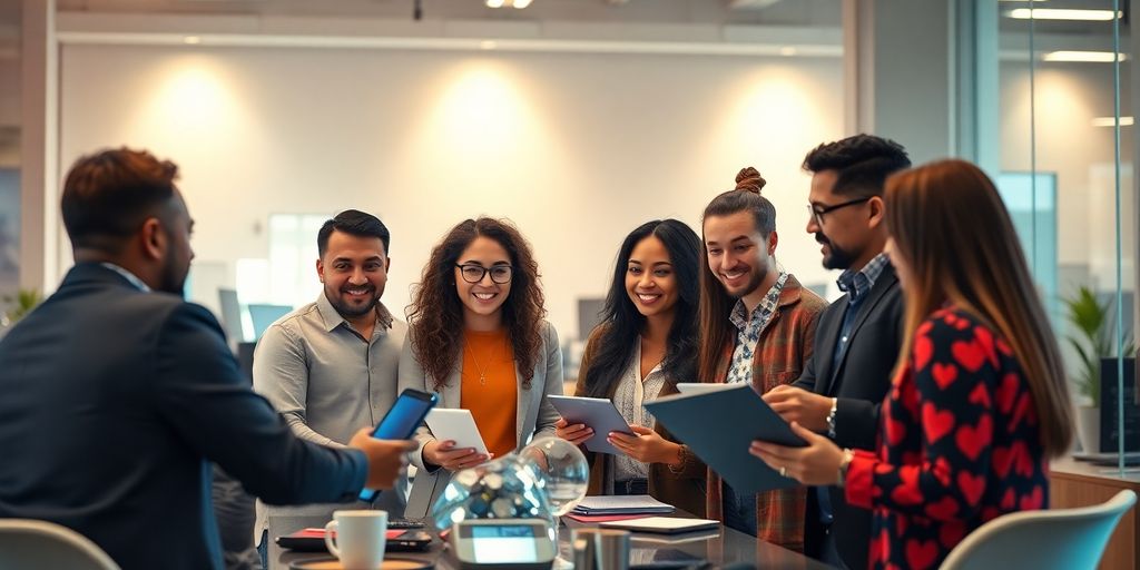 Diverse leaders brainstorming with technology in a modern office.