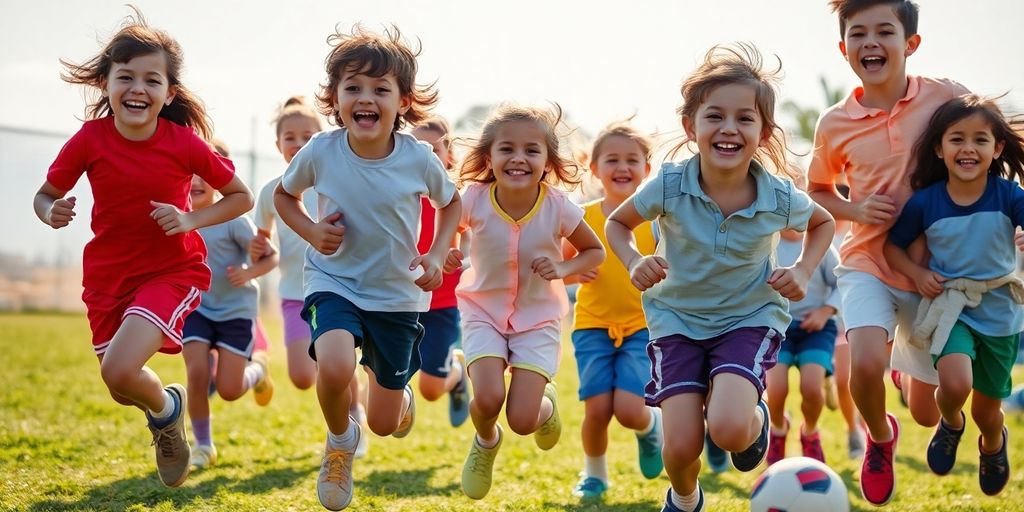 Happy kids playing sports, smiling and laughing.