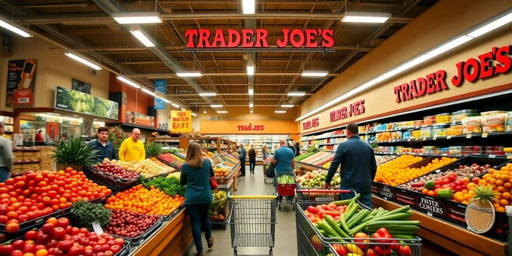 Colorful grocery store interior with busy shoppers.