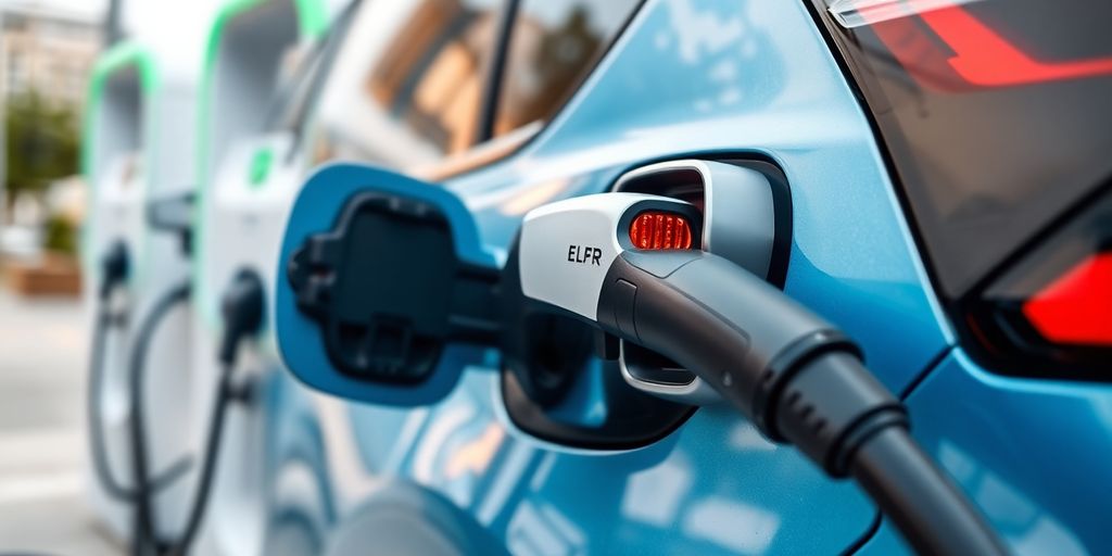 Electric vehicle charging at a modern charging station.