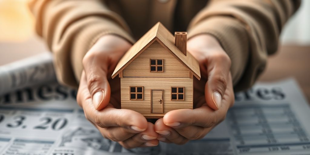 Hands holding a small house model.
