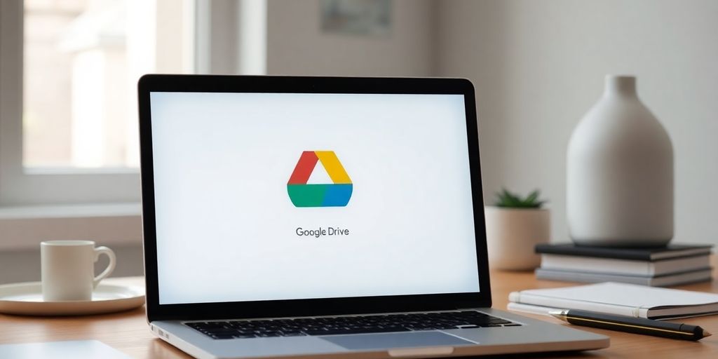 Modern workspace with laptop and Google Drive interface.