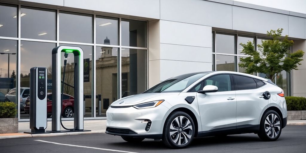 Electric vehicle charging at a car dealership station.