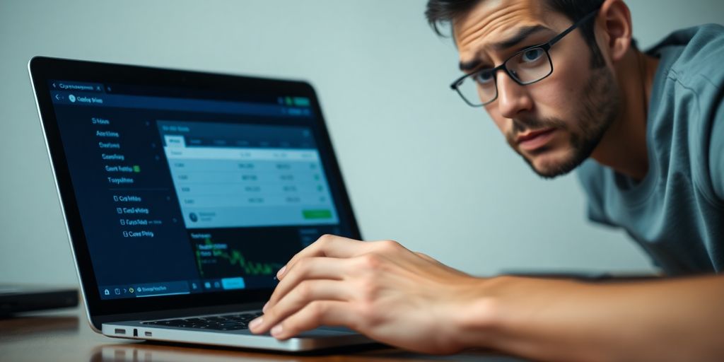 Concerned person viewing cryptocurrency on a laptop.