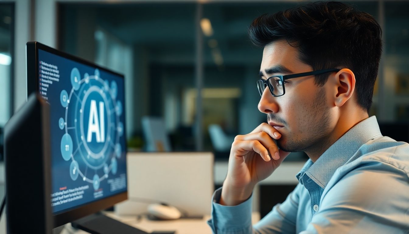 Concerned professional contemplating AI use in an office.