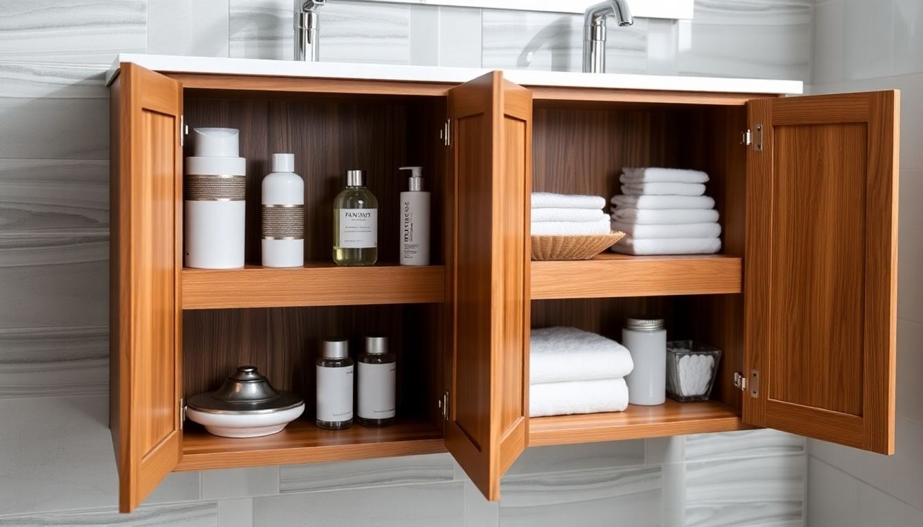 Wooden bathroom cabinet with tailored storage solutions.