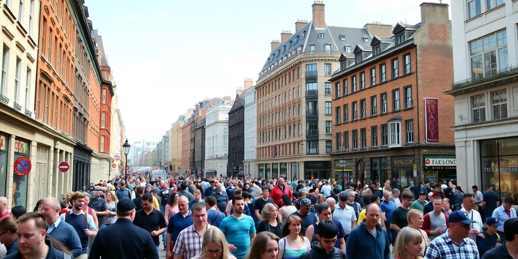 Diverse people walking busy London street