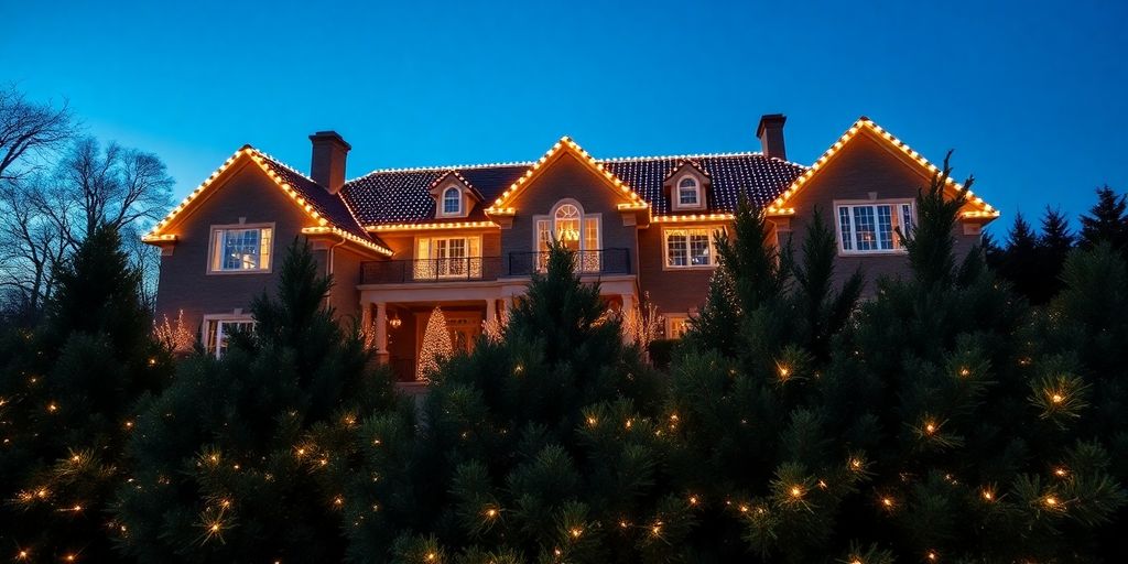 Decorated home, glowing Christmas lights.