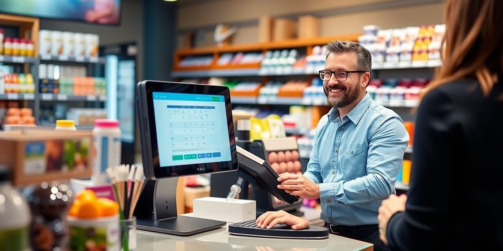 Small business owner using a modern POS system.