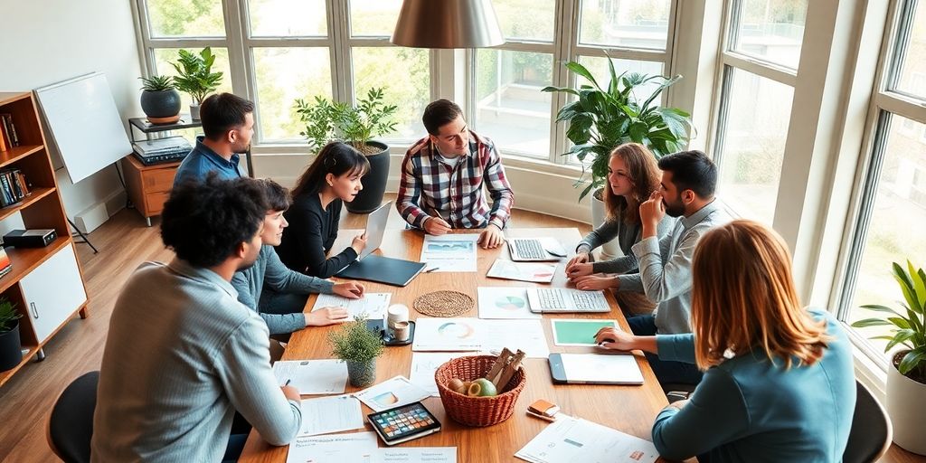 Team collaboration in a modern workspace on product strategy.