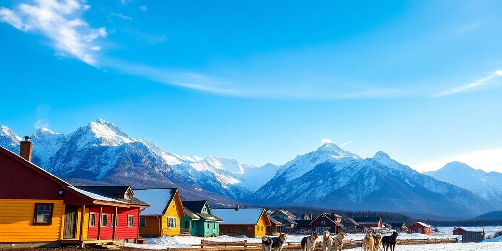 Alaskan village with colorful cabins and snow-capped mountains.