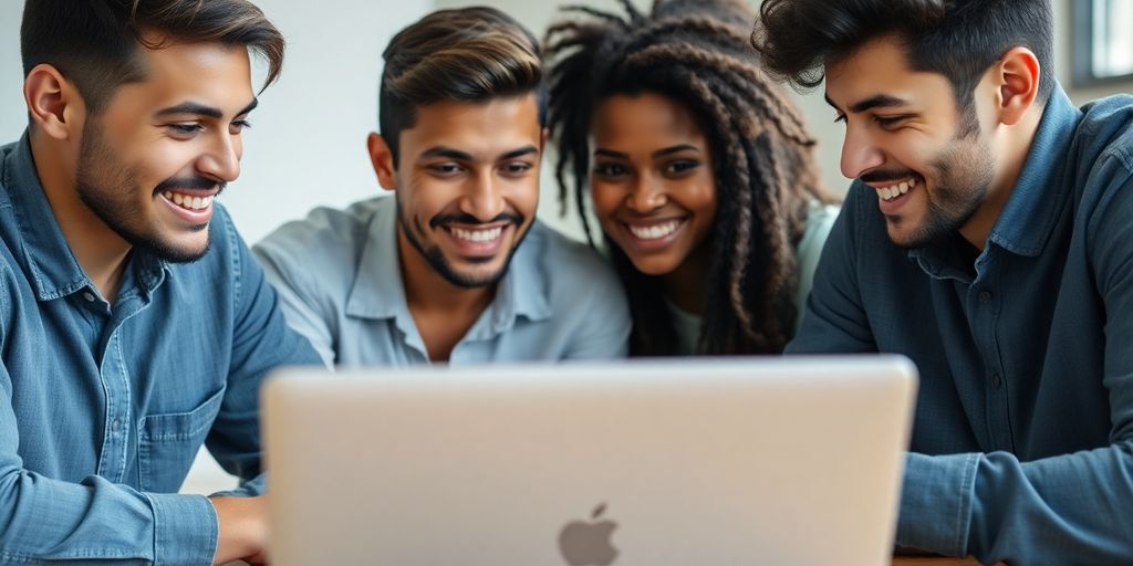 Jeunes souriants regardant un ordinateur portable