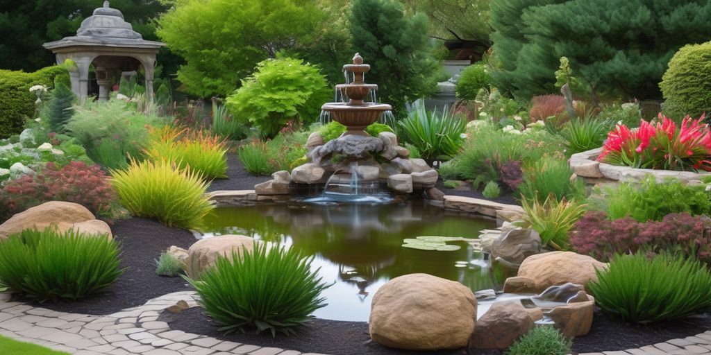 beautiful garden with water features and artistic landscaping