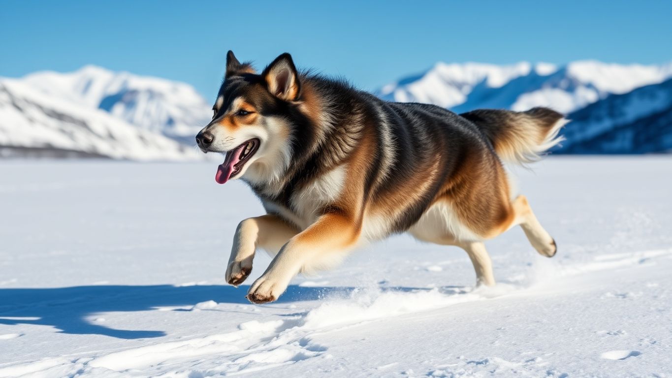 Greenland Dog running in a snowy landscape.