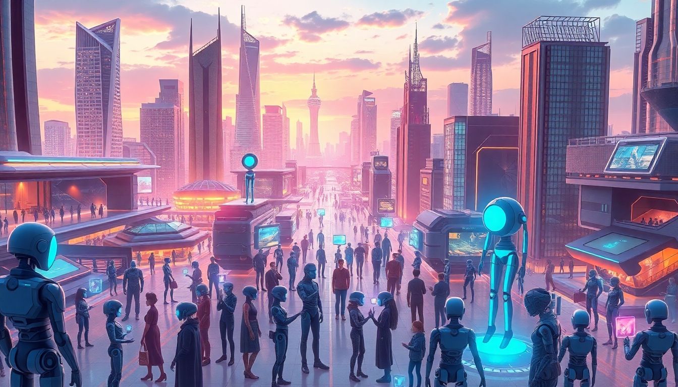 Futuristic city with AI entities interacting in harmony.