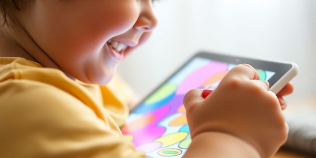 Child happily colors on a digital tablet.