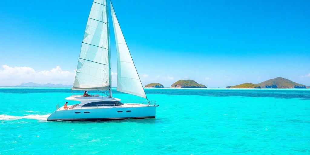 Luxury catamaran sailing turquoise Caribbean waters.