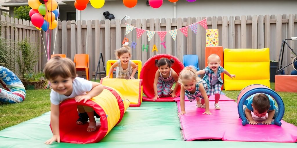 Children navigating a fun obstacle course during a birthday party.