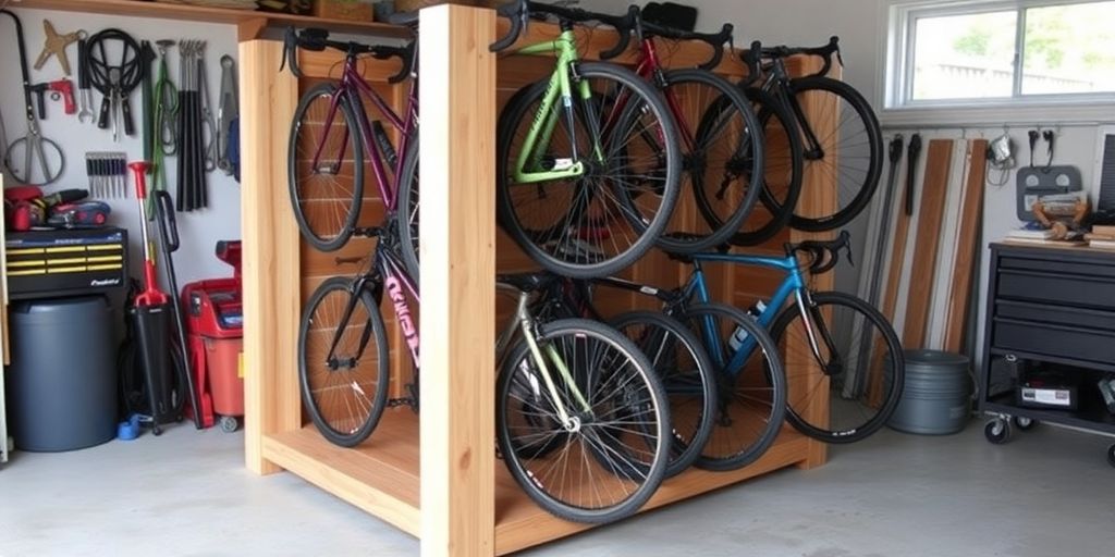 Stylish DIY wood bike storage with neatly arranged bicycles.