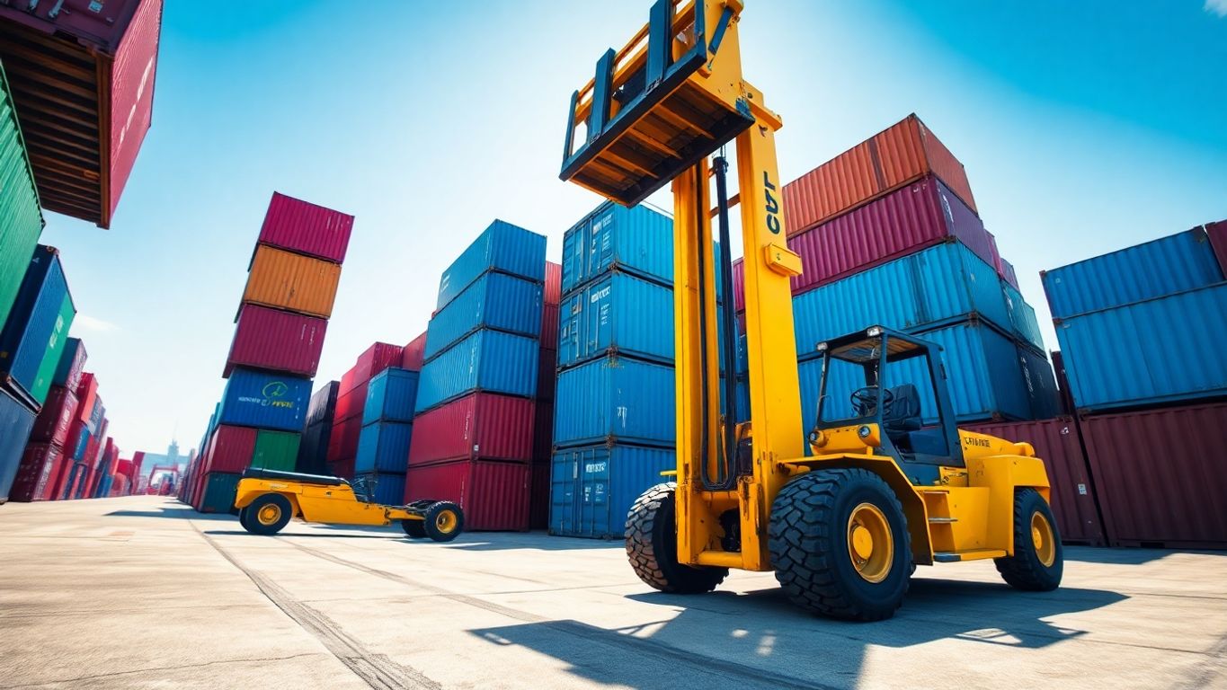 Forklift moving stacks of shipping containers.