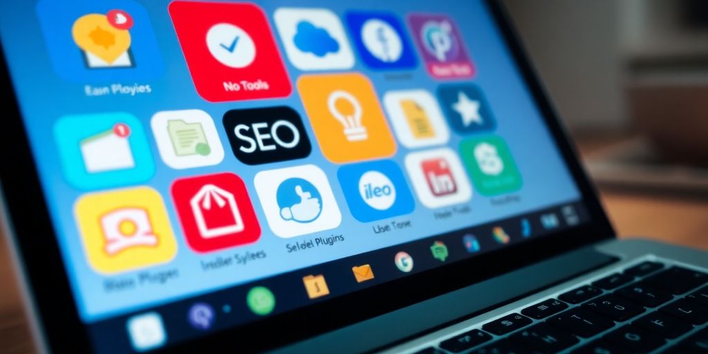 Laptop screen with colorful SEO tools and plugins.