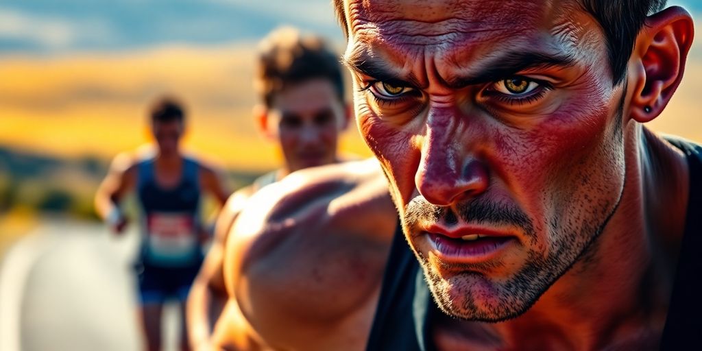 Runner pushing limits on a mountain trail at sunset.