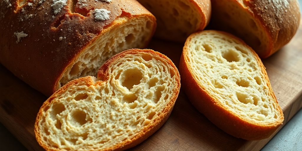 Golden-brown sourdough loaf slices on wooden board.
