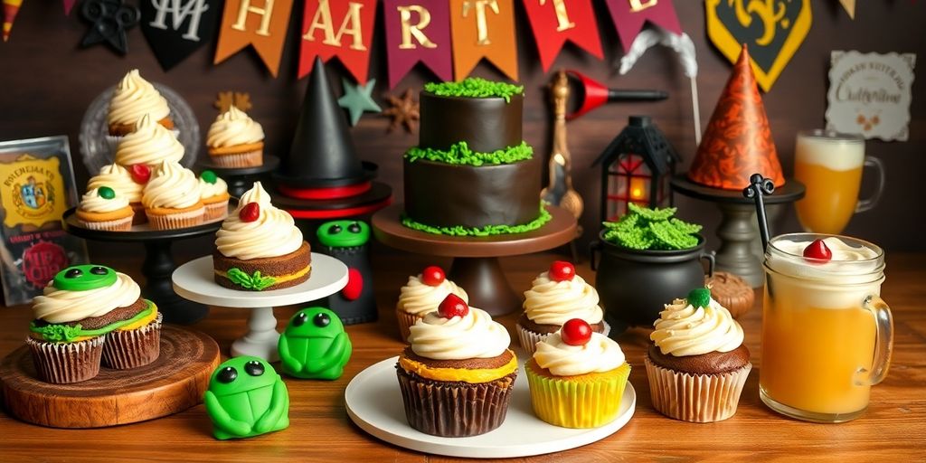 Harry Potter themed treats on a wooden table.